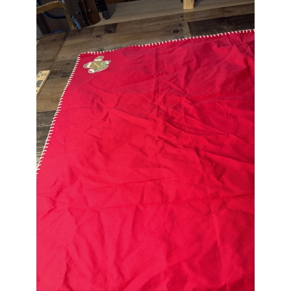 Vtg Christmas Cotton Tablecloth Topper 39x39 Red Applique Santa Snowman Tree